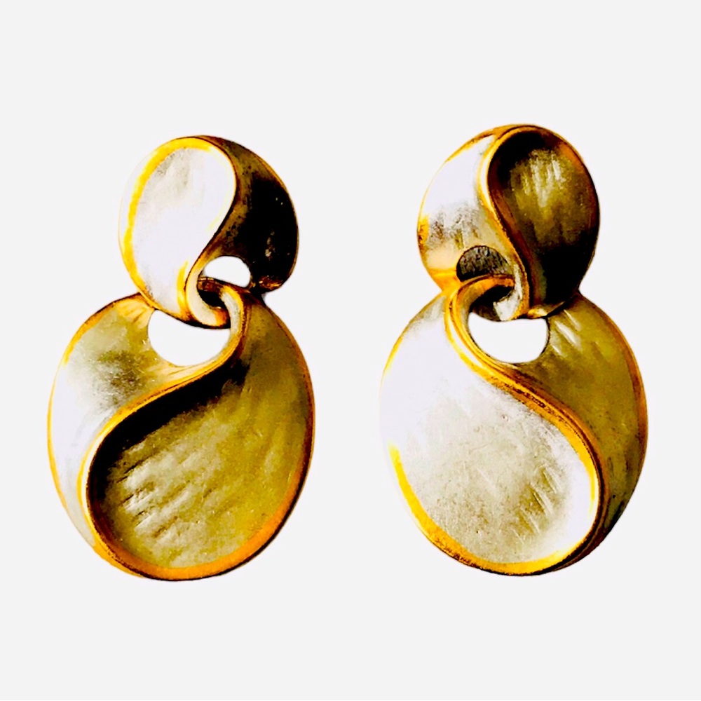 Vintage SIGNED P.E. MCM Costume Gold & Silver Tone Geometric Shape Drop Earrings